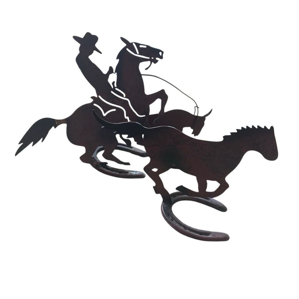 Vintage Western Metal Silhouette Decor Set Cowboy Roping Steer & Running Horse